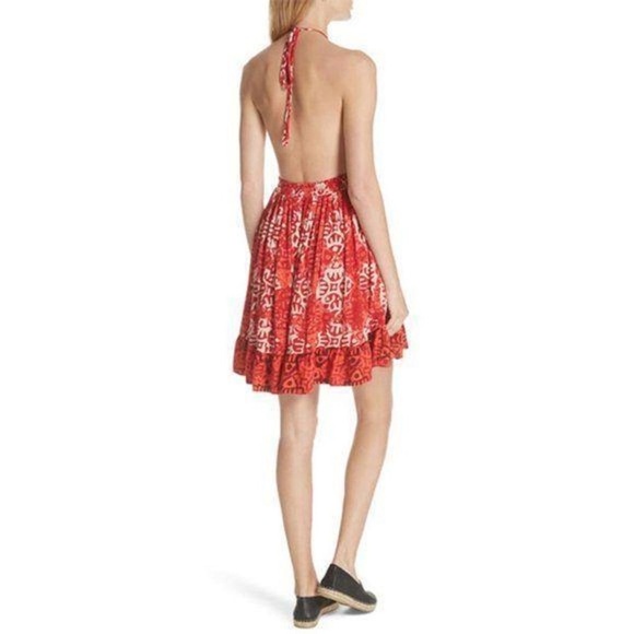 FREE PEOPLE BEACH DAY RED BLOCK PRINT HALTER TIE OPEN BACK SWING DRESS XS - Picture 5 of 16